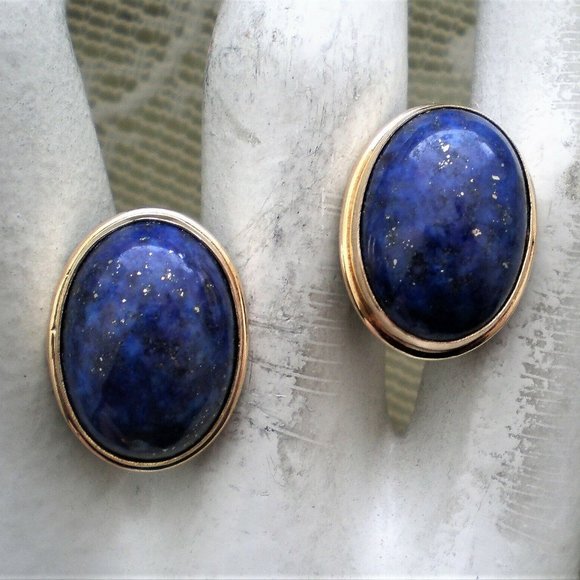14K Yellow Gold 17.5MM x 14.75MM Lapis Lazuli Omega Back Pierced Earrings 9.3 g